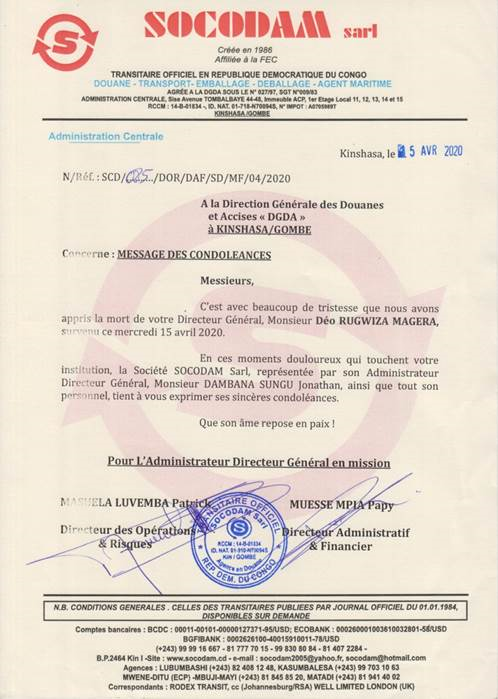 MESSAGE DES CONDOLEANCES